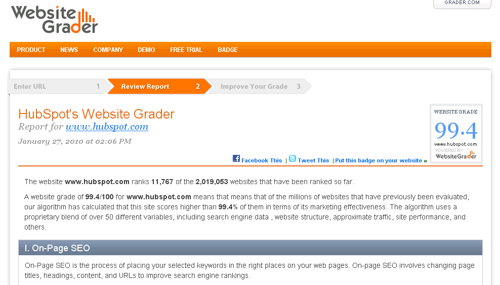 HubSpot Website Grader Report