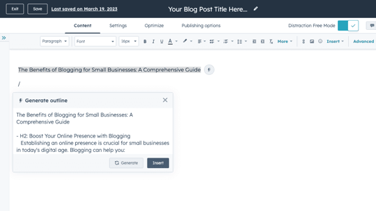 El redactor de blogs con IA de HubSpot realiza esquemas de redacción en cuestión de segundos
