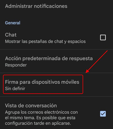 Opción de firma para móviles en la pestaña de configuración de la aplicación Gmail
