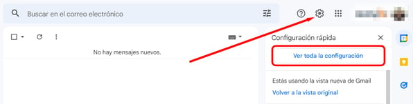 Icono del engranaje de Gmail y la opción Ver toda la configuración