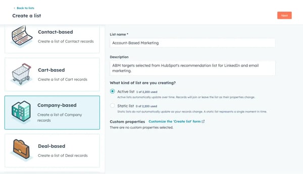 hubspot's user interface showing company-based lists for account-based marketing