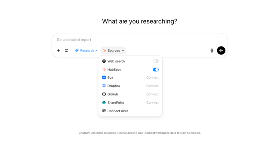 Screenshot of ChatGPT with deep research enabled and HubSpot enabled as a source