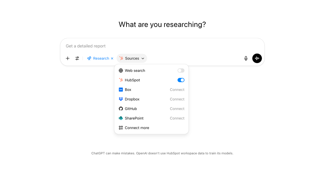 Screenshot of ChatGPT with deep research enabled and HubSpot enabled as a source