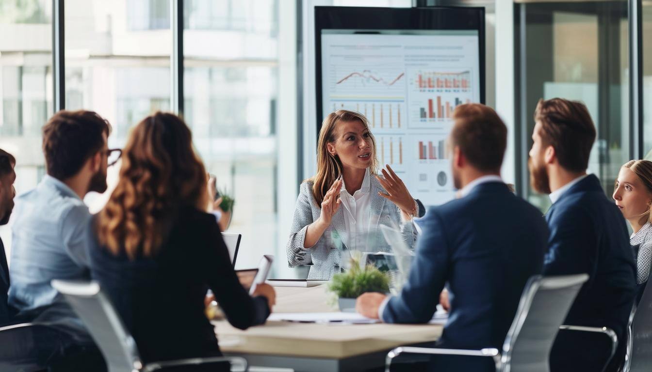 a group of business consults in a sales meeting with one of their potential customers-2
