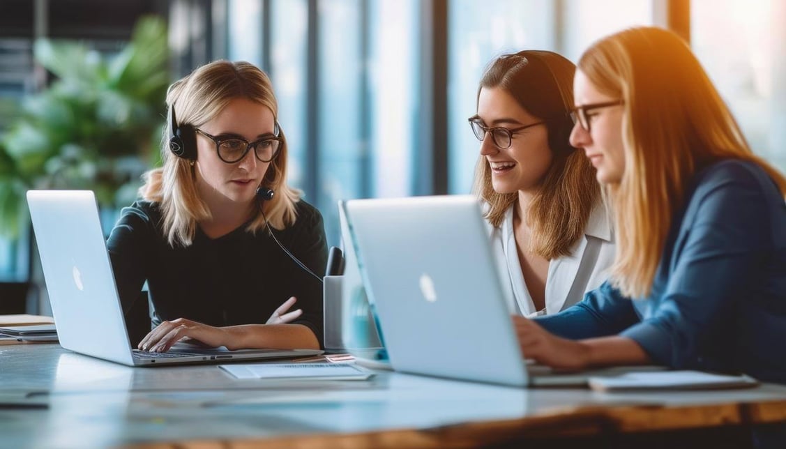 two business people working on building a marketing campaign over a conference call on their laptops