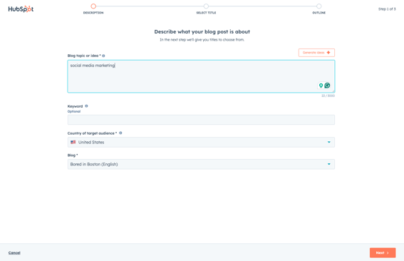 HubSpot's AI blog writer showing topic prompt
