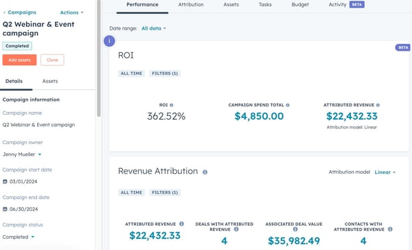 hubspot's real-time campaigns reporting dashboard user interface