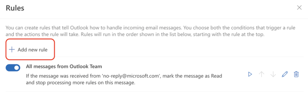 Outlook “Rules” menu with a highlight on “Add new rule.”