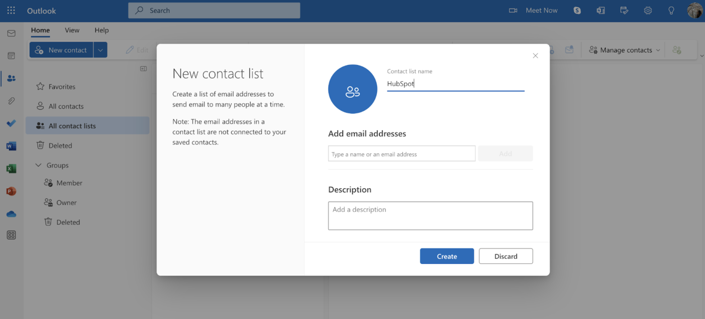 How to create a distribution list in Outlook 365: Add details to the contact list.