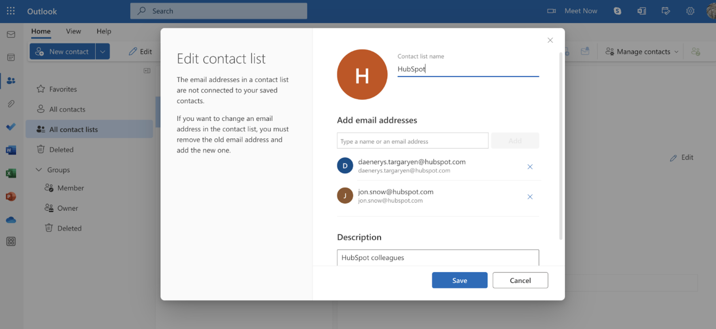 How to edit distribution lists in Outlook: Add or remove email addresses or edit the list name and description. Save changes.