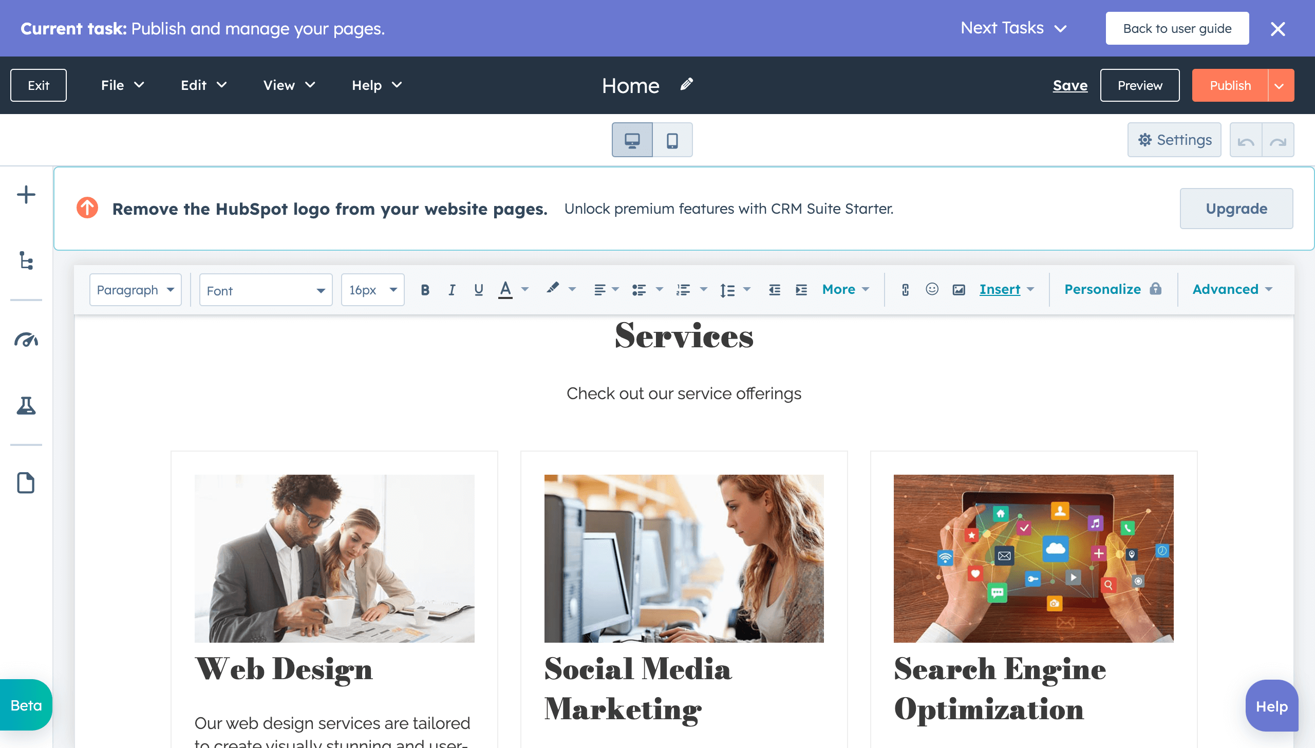 HubSpot one-page website example showing services options.