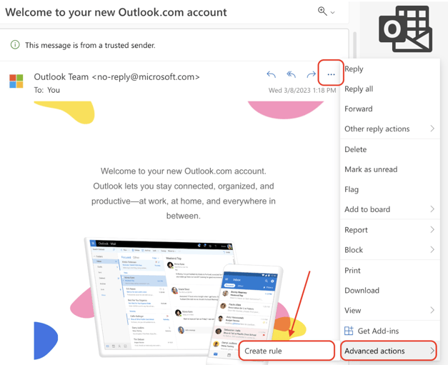 Email message in Microsoft Outlook showing “More actions” menu open and highlights on “Advanced actions” and “Create rule.”