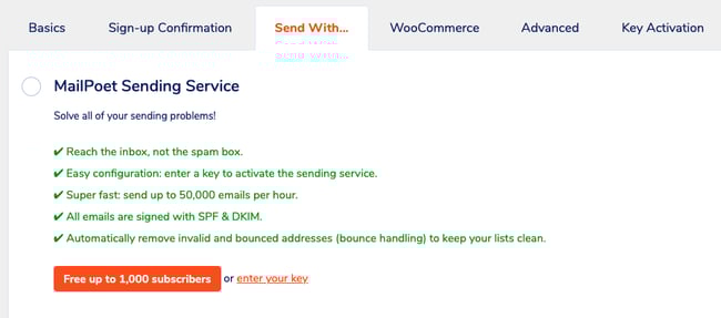 MailPoet sending service option is free up to 1000 subscribers