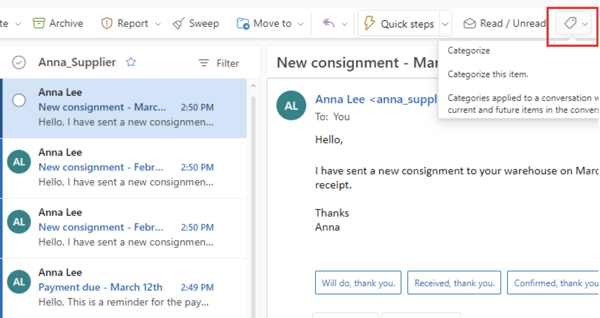 Assigning categories to Outlook emails within a folder: Choose the tag icon