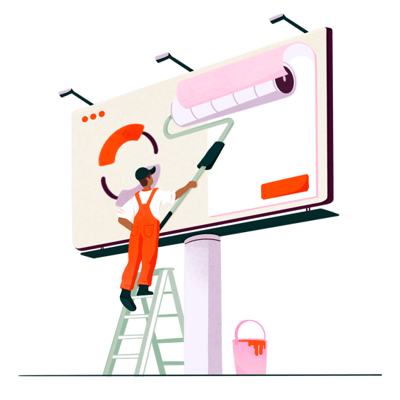 Person in orange overalls painting with a roller while standing on a ladder.