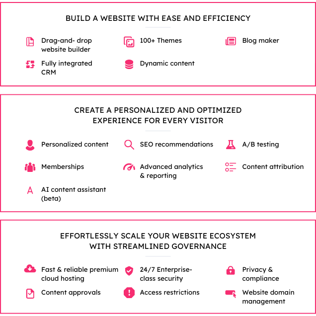 Build a website with ease and efficiency with tools like a drag-and-drop website builder, 100+ themes, blog maker, fully integrated CRM and dynamic content. Create a personalized and optimized experience for every visitor with tools like personalized content, SEO recommendations, A/B testing, memberships, advanced analytics and reporting, contact attribution, and AI content assistant (beta). Effortlessly scale your website ecosystem with streamlined governance with tools like fast and reliable premium cloud hosting, content partitioning, 24/7 enterprise-class security, privacy and compliance, content approvals, access restrictions, and website domain management.