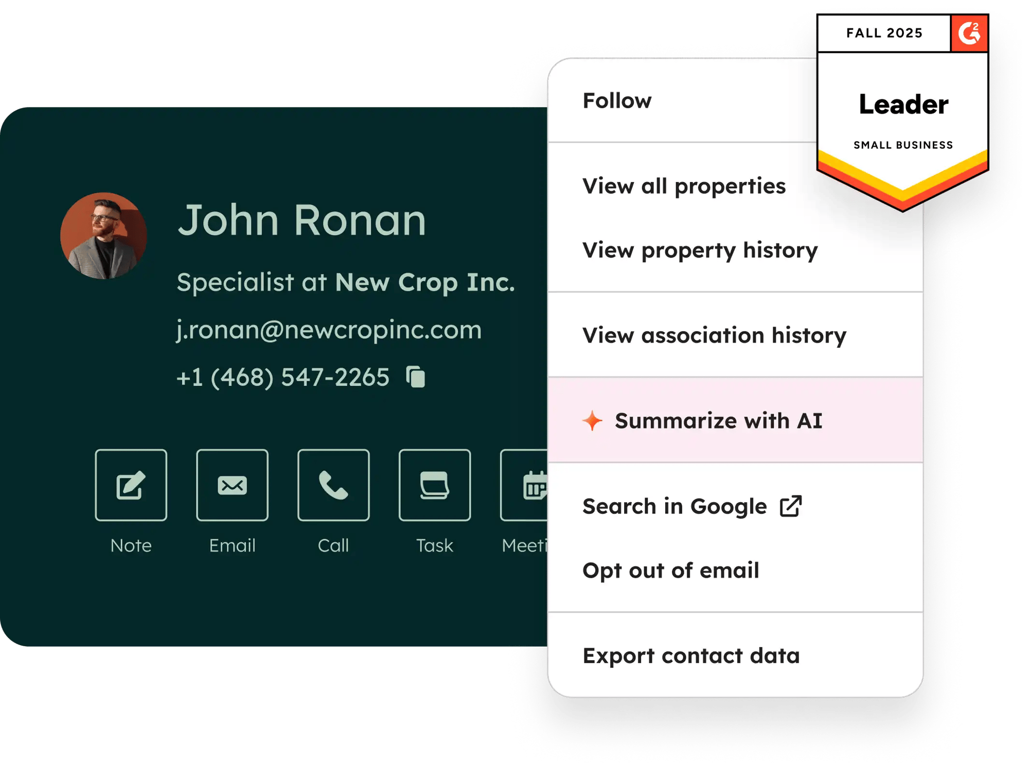 A contact record card in HubSpot showing contact information, and various actions that can be taken, like calling, emailing, note-taking, viewing property history, and summarizing with AI. Also shows that HubSpot CRM is a G2 award winner as a grid leader for small business in fall 2025.