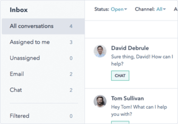 HubSpot UI showing the shared inbox that includes all contact and customer communications via email, chat, and tickets