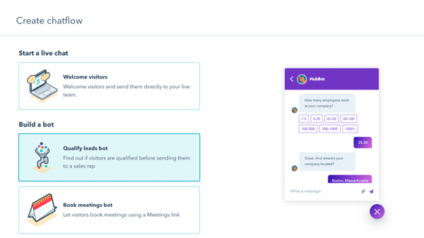 Screeshot showing different options for creating a HubSpot chatflow or chatbot