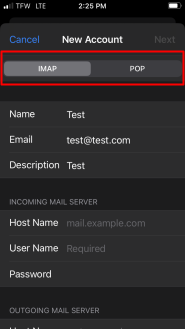 Choose between IMAP and POP3.