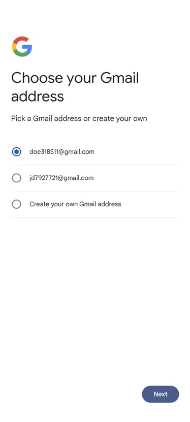 Choose a pre-named email address or create your own.