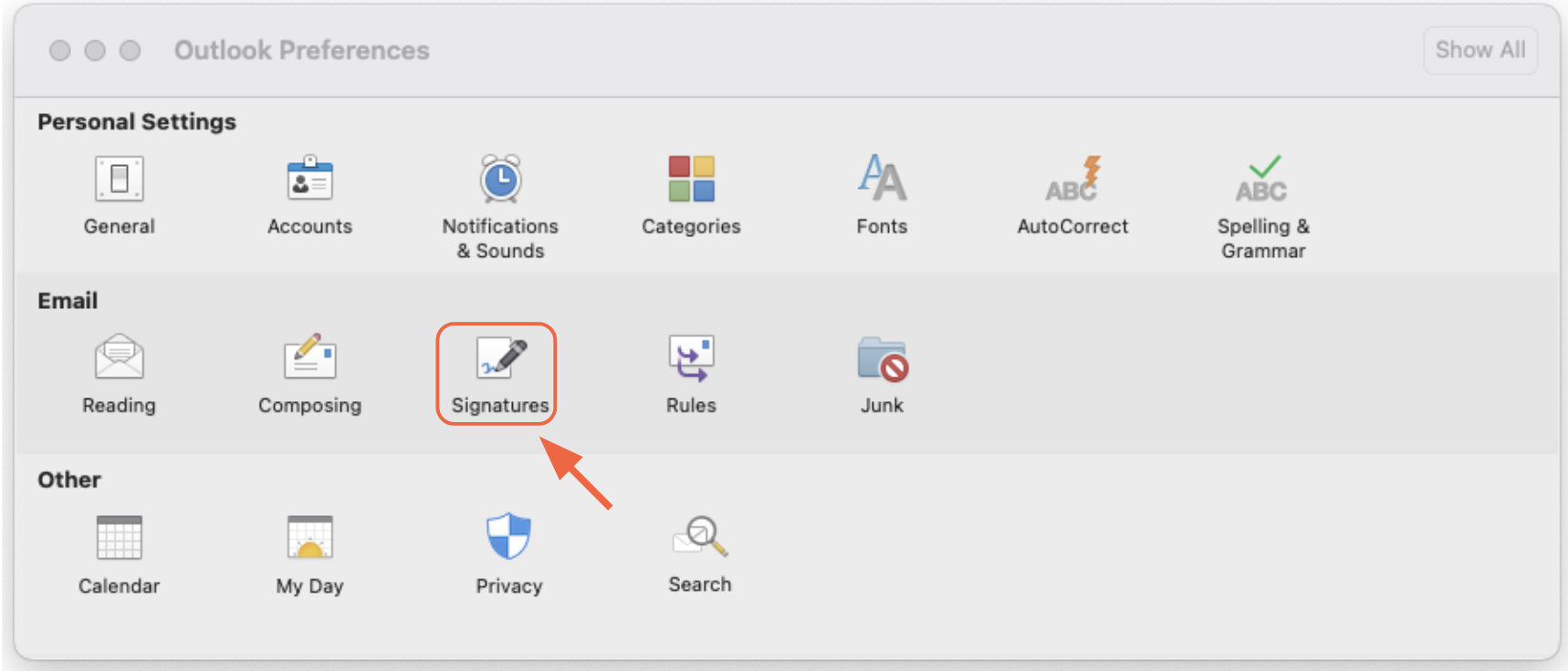 Click on Signatures in the Email section