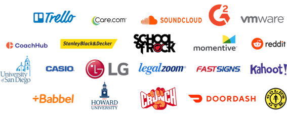 Trello, Soundcloud, Golden Gym, Kahoot!, VMware, Reddit, FastSigns, Doordash, Crunch Fitness, Howard University, +Babbel, Casio, University of San Diego, LegalZoom, LG, Momentive, School of Rock, Coach Hub, Care.com, G2, Stenley Black & Decker