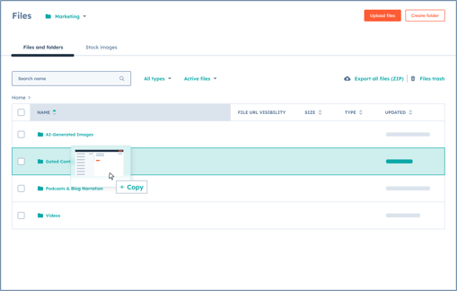 HubSpot UI showing the file manager where users can mange all their content assets.