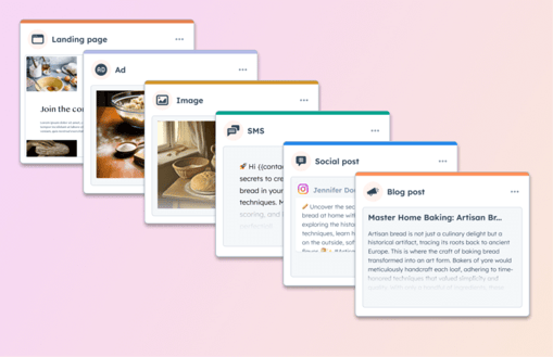 Different content types generated with the HubSpot content remix tool, including a landing page, ad, image, SMS, social media post, and blog post.