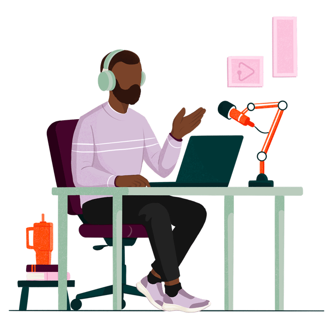 Person with headphones recording podcast at desk with microphone