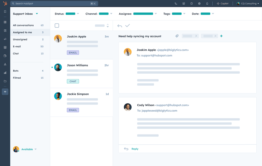 hubspot's user interface showing the conversations inbox