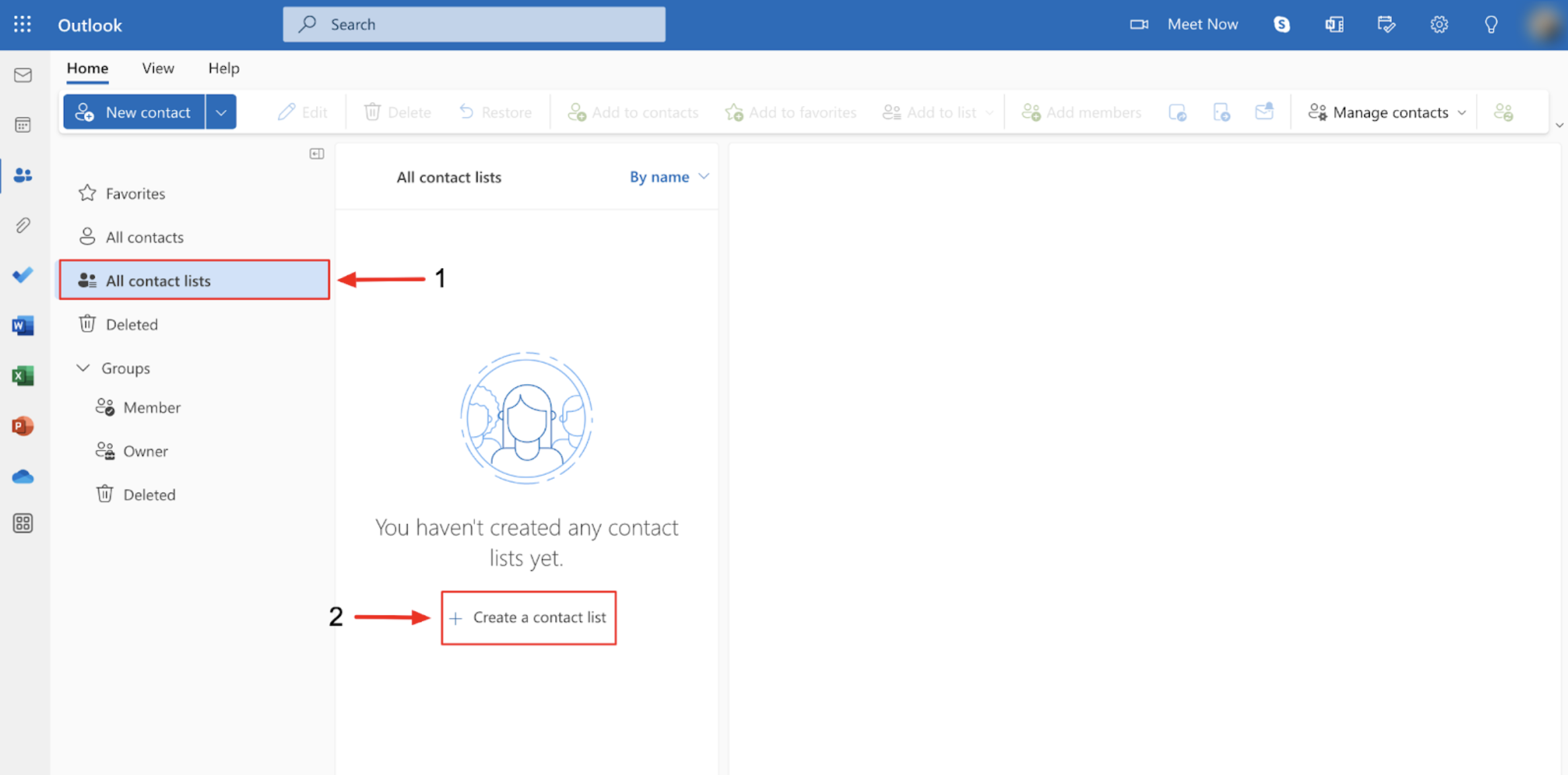 How to create a distribution list in Outlook 365: Click All contact lists > Create a contact list.