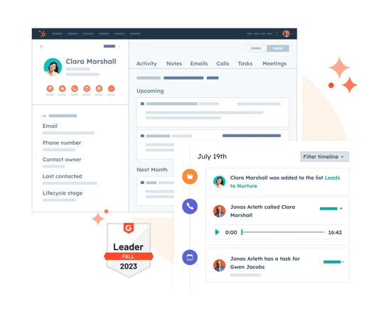 Simplified HubSpot UI showing a contact record for a business in HubSpot CRM, plus the contact's activity and interactions with the business. Also shows a G2 award badge awarded to HubSpot CRM as a leader in fall 2023.
