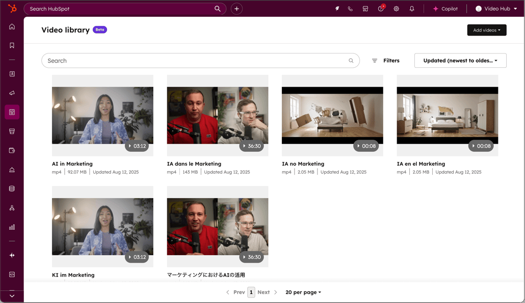 Screenshot of HubSpot's video marketing library