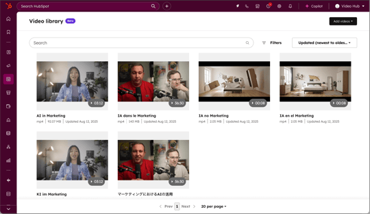 Screenshot of HubSpot's video marketing library