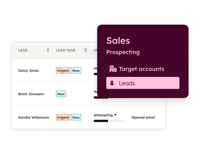 simplified user interface of sales hub's sales workspace leads tab