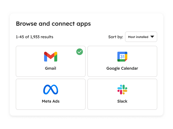 HubSpot simplified UI showing a search of the HubSpot App Marketplace where users can browse for and connect third-party apps to their HubSpot account