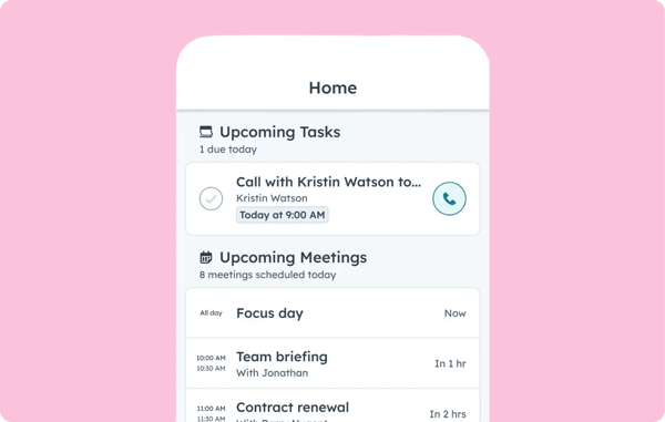 HubSpot mobile app showing upcoming tasks and meetings