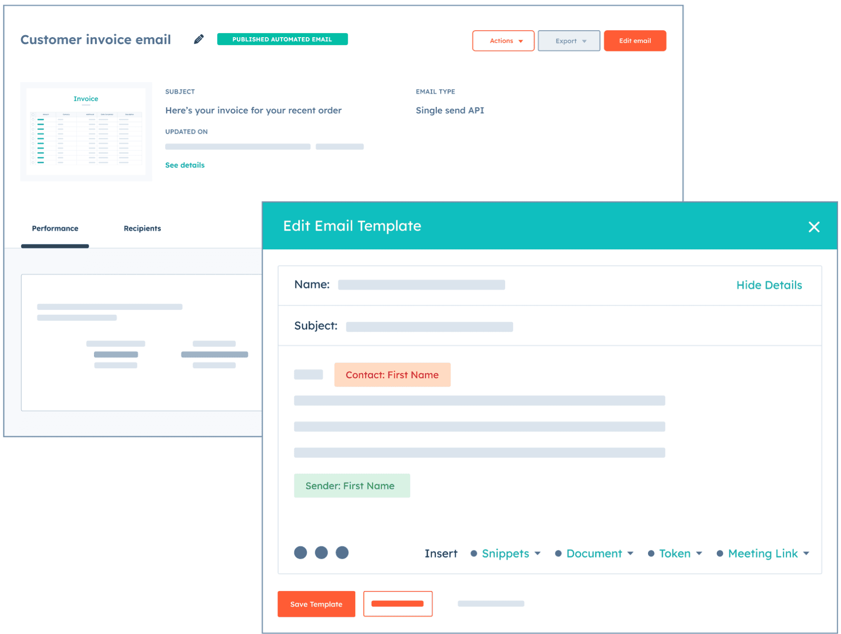Illustration showing how to edit a template for a customer invoice email