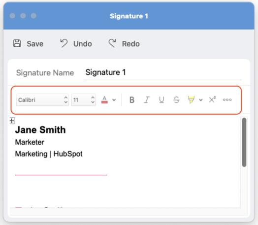 Edit signature using the toolbar in the Signature pop-out window