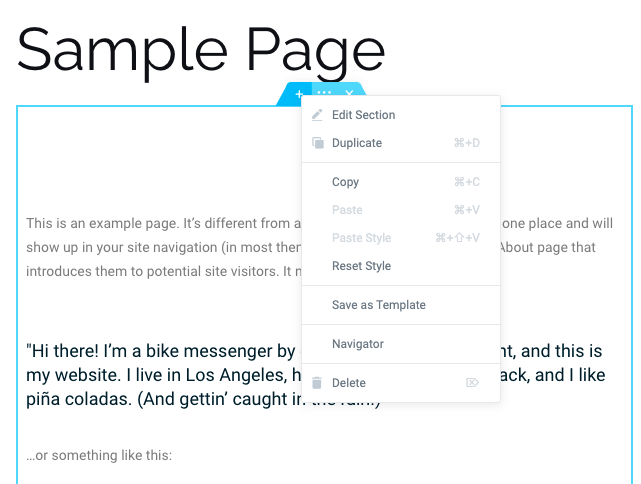 elementor wordpress: How to use Elementor with WordPress — Elementor section editor menu with several options, including Duplicate, Save as Template, and Delete