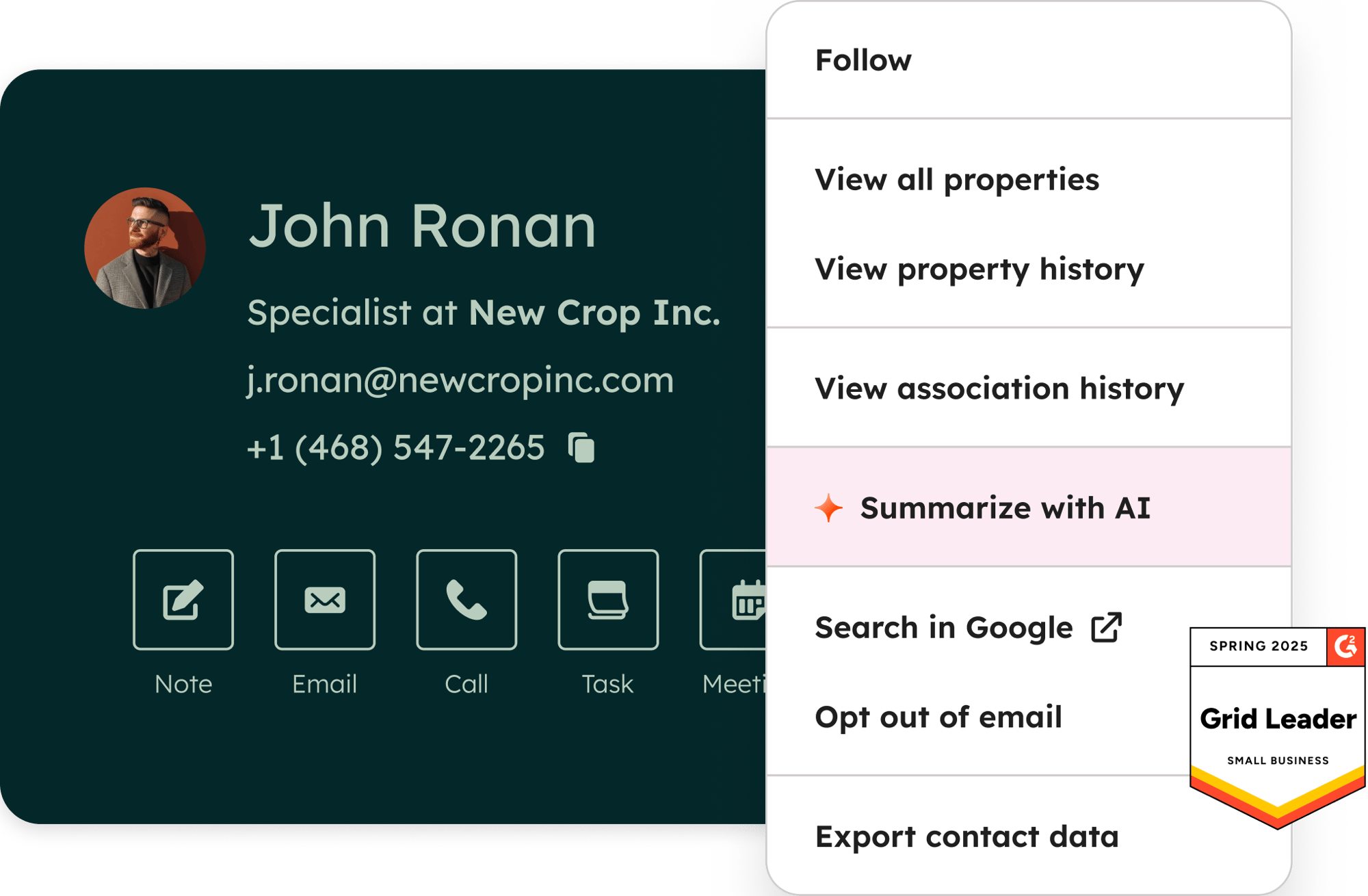 A contact record card in HubSpot showing contact information, and various actions that can be taken, like calling, emailing, note-taking, viewing property history, and summarizing with AI. Also shows that HubSpot CRM is a G2 award winner as a grid leader for small business in spring 2025.