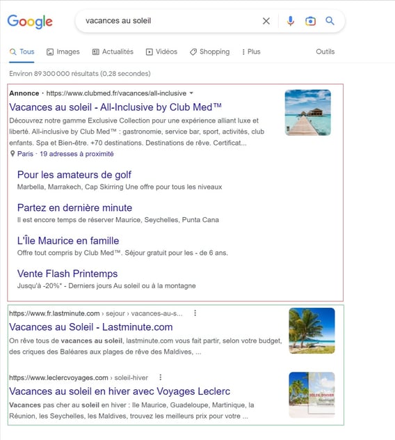 exemple de recherche Google pour le mot-clé vacances au soleil