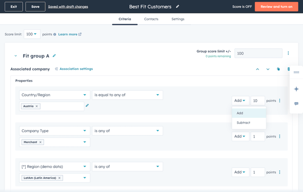 hubspot's lead scoring software user interface showing flexible best fit customer criteria