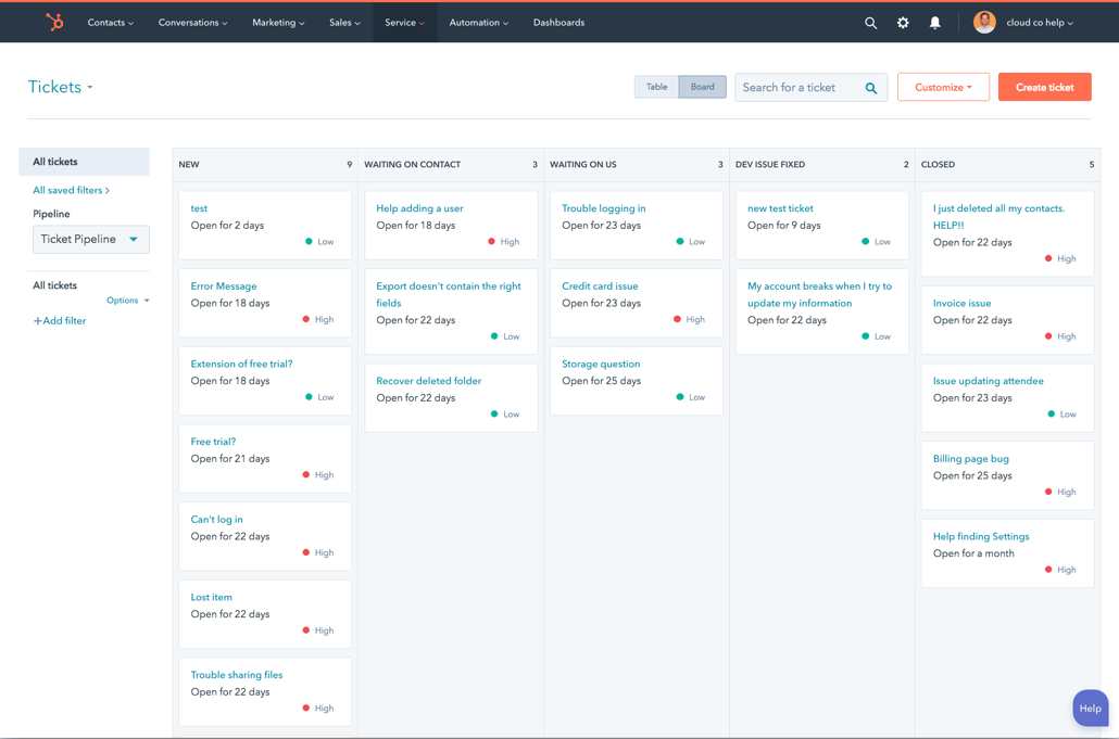 Ferramenta de help desk da HubSpot mostrando quadro de tickets