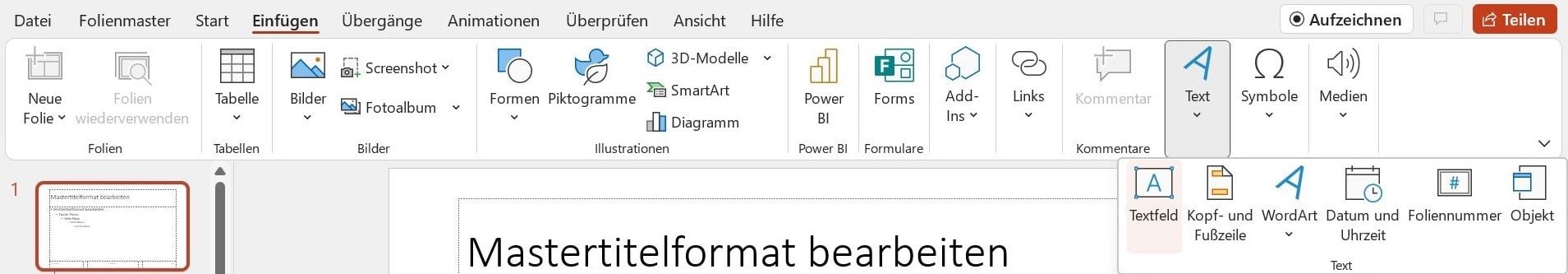 Screenshot PowerPoint: Menüband „Einfügen“ > „Textfeld“