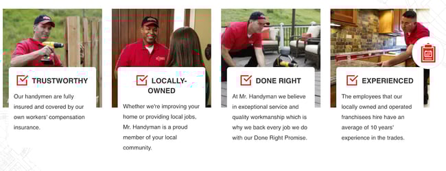 Handyman website homepage picturing four images of handymen helping clients with tasks