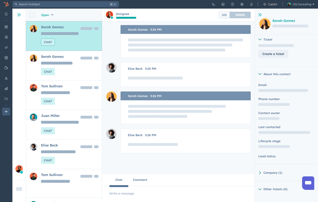 User interface in HubSpot showing the help desk interface with various views of customer conversations and tickets