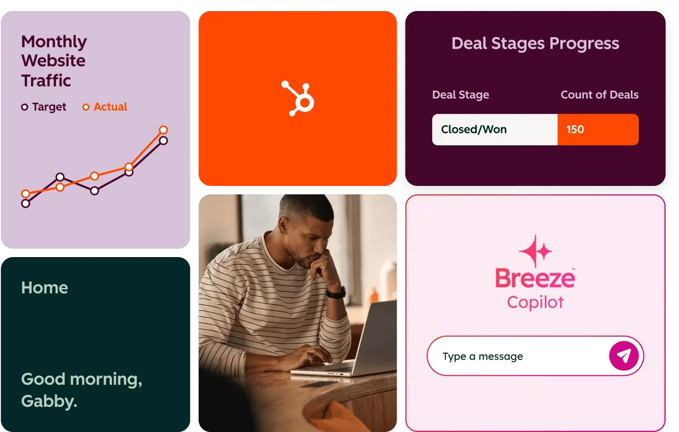 HubSpot dashboard greeting, monthly website traffic, deal stages progress.