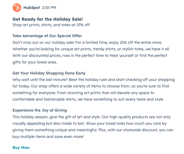 HubSpot holiday sale email